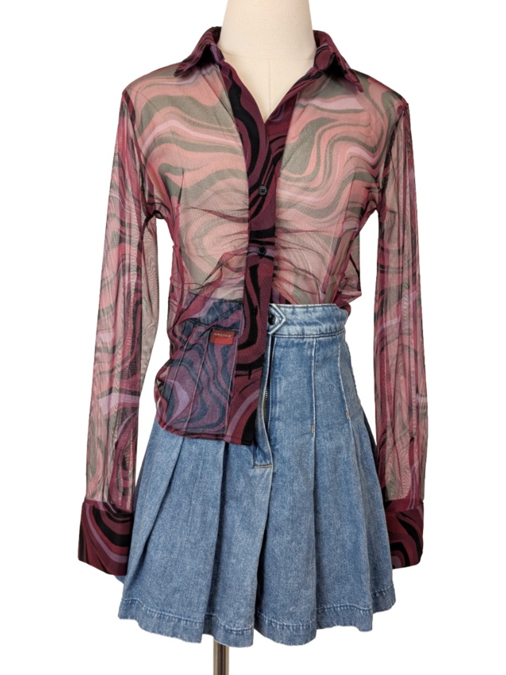 Suzy Shier Mesh Blouse Size Medium Purple Pink Seethrough